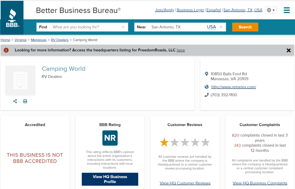 Better Business Bureau Camping World Screenshot